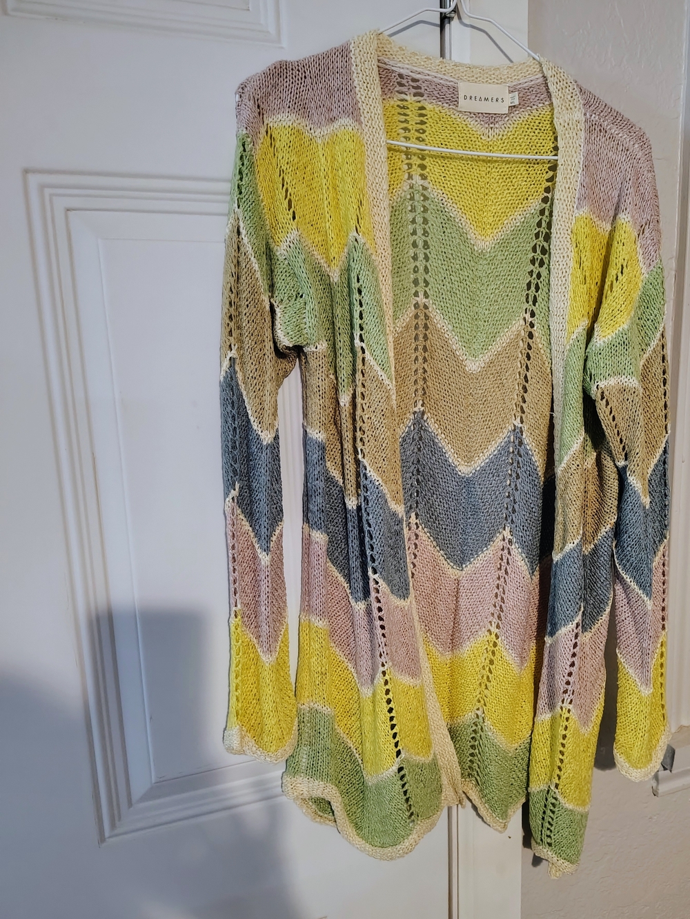 Dreamers Pastel Chevron Open-Front Cardigan in Yellow, Green, Pink, Gray